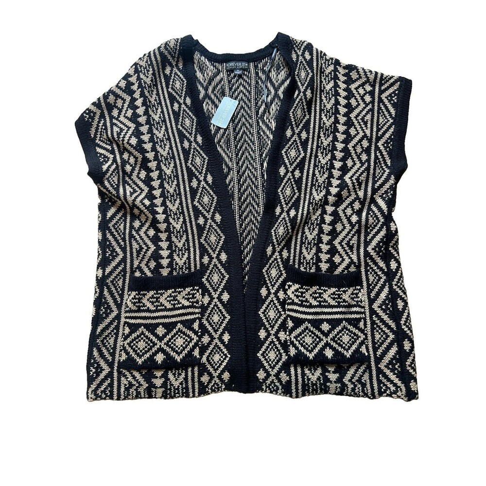 NWT Forever 21+ Black/Beige Geometric Knit Open Front V-Neck Cardigan Pockets 3X